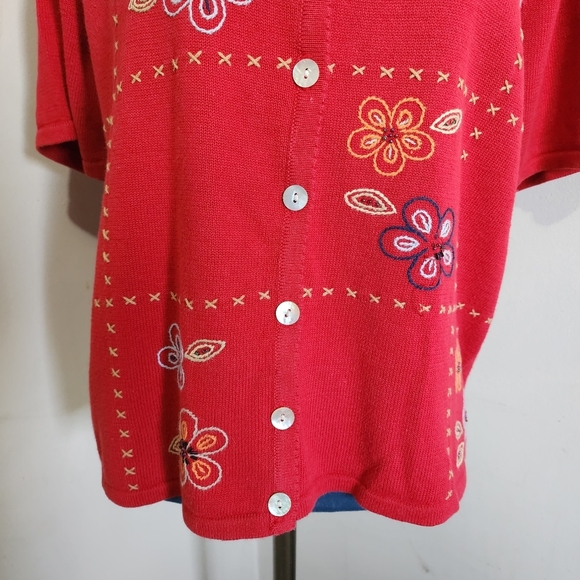 Alfred Dunner Red Embroidered SS Cotton Cardigan Sweater - Picture 5 of 7